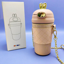 Термокружка "Зайка с ушками" 400 мл. / Термостакан из нержавеющей стали с чехлом, ремешком и трубочкой, Розовый